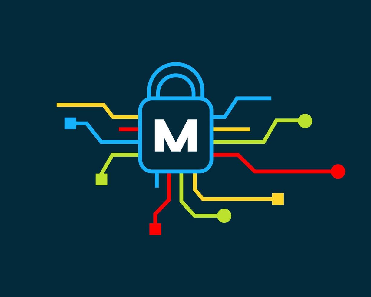 letra m logotipo de segurança cibernética. proteção cibernética, tecnologia, biotecnologia e alta tecnologia vetor