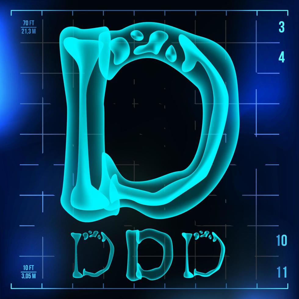 vetor da letra d. dígito maiúsculo. sinal de luz de fonte de raio-x roentgen. efeito de varredura de neon de radiologia médica. alfabeto. Dígito de luz azul 3D com osso. estilo médico, hospitalar, futurista e de terror. ilustração