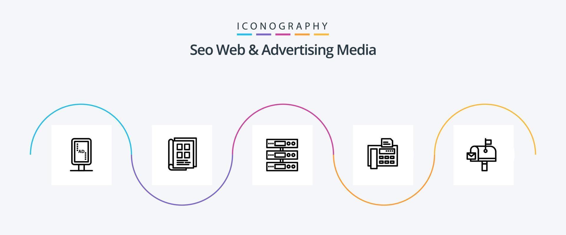 seo web e publicidade mídia linha 5 pacote de ícones incluindo máquina de fax. telefone. lista telefônica. fax. nuvem vetor