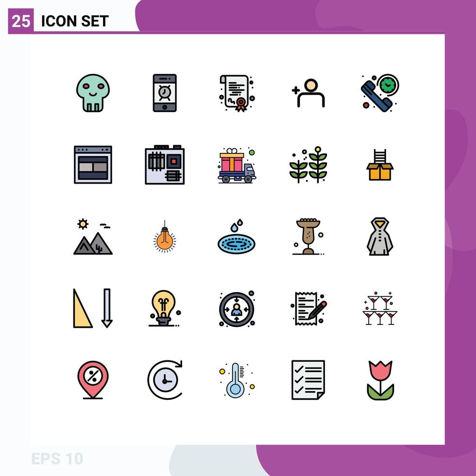 Pacote de cores planas de linha preenchida de 25 interfaces de usuário de sinais e símbolos modernos de certificação de duração resumida chamam elementos de design de vetores editáveis do instagram
