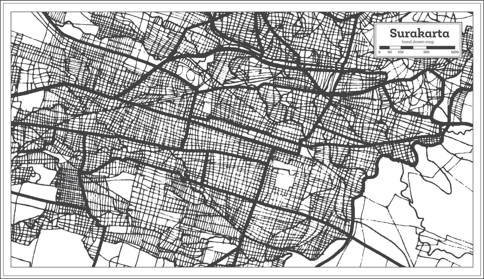 mapa da cidade de surakarta indonésia na cor preto e branco. mapa de contorno. vetor