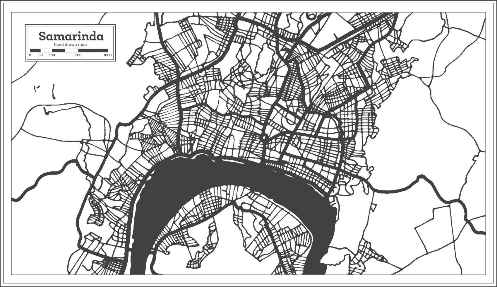 mapa da cidade de samarinda indonésia na cor preto e branco. mapa de contorno. vetor