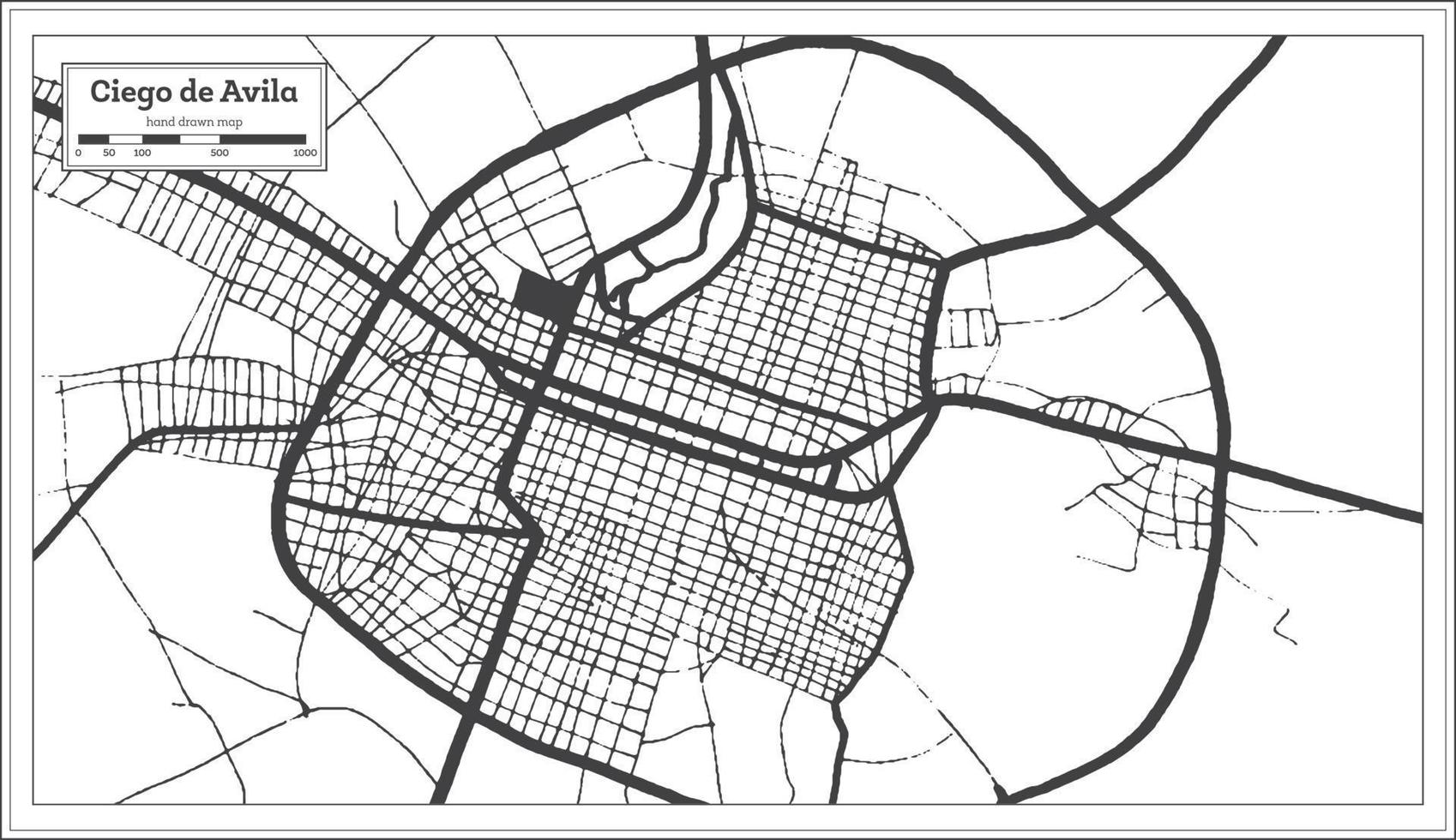 mapa da cidade ciego de avila cuba na cor preto e branco em estilo retrô. mapa de contorno. vetor