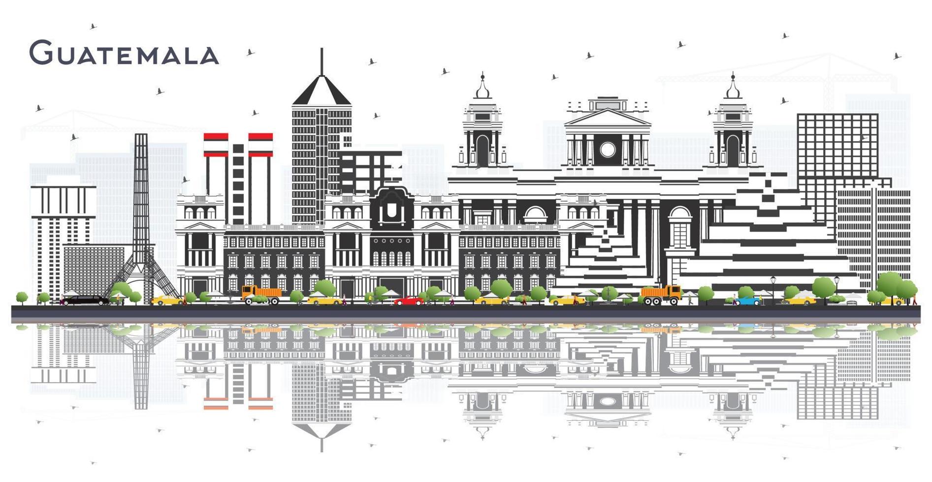 horizonte da cidade da guatemala com edifícios cinza e reflexões isoladas em branco. vetor