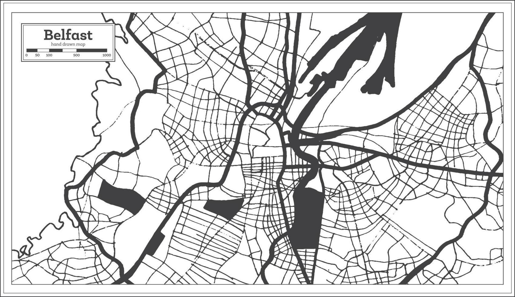 mapa da cidade de belfast grã-bretanha na cor preto e branco no estilo retrô. mapa de contorno. vetor