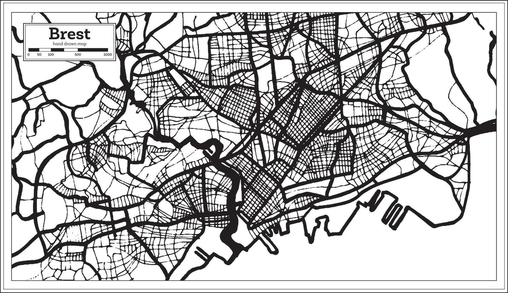 mapa da cidade de brest frança na cor preto e branco em estilo retrô. mapa de contorno. vetor