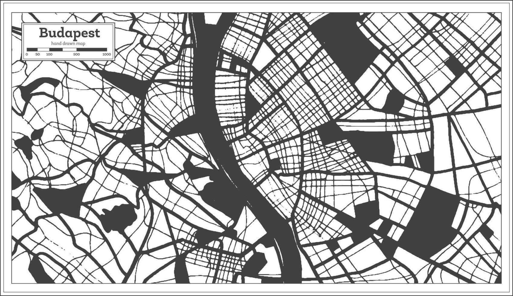 mapa da cidade de budapeste húngara na cor preto e branco em estilo retrô. mapa de contorno. vetor