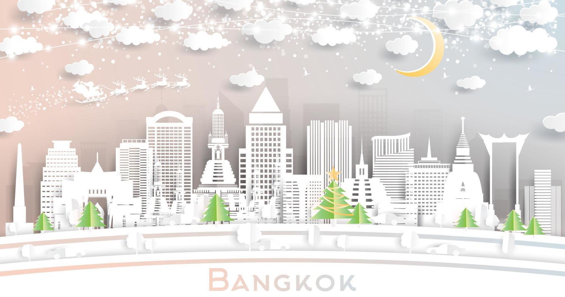 horizonte da cidade de bangkok tailândia em estilo de corte de papel com flocos de neve, lua e guirlanda de néon. vetor