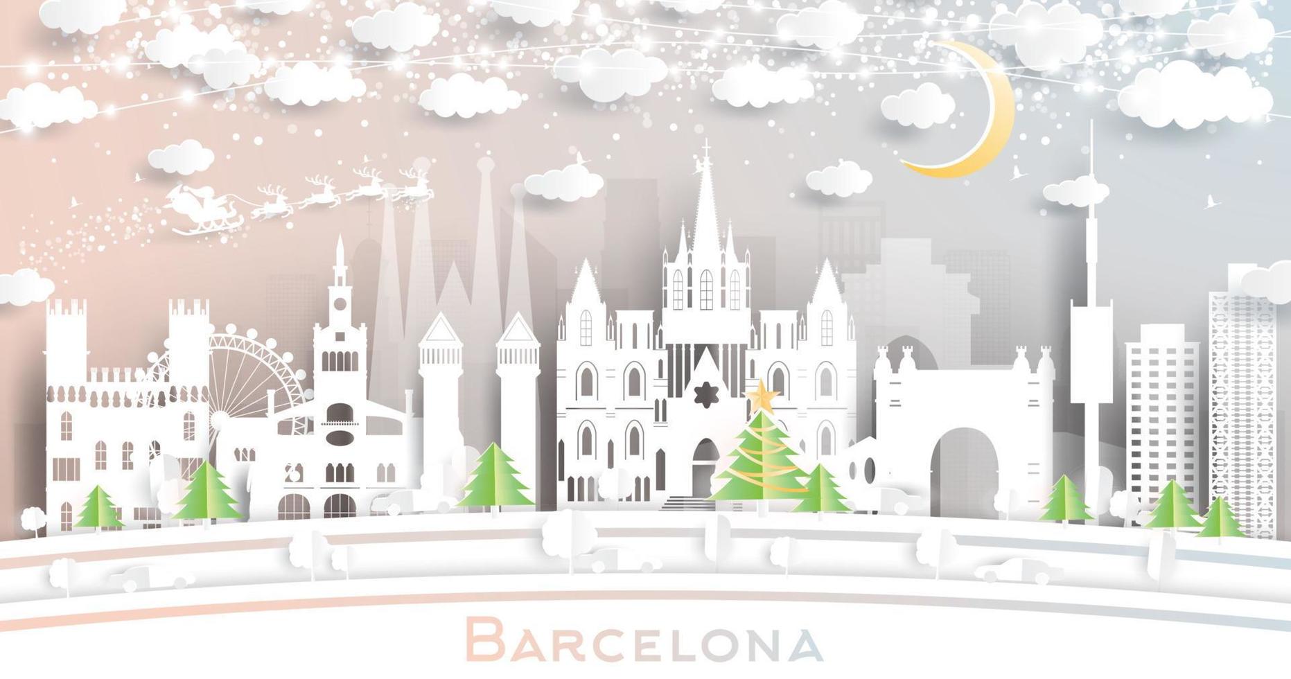 horizonte da cidade de barcelona espanha em estilo de corte de papel com flocos de neve, lua e guirlanda de néon. vetor