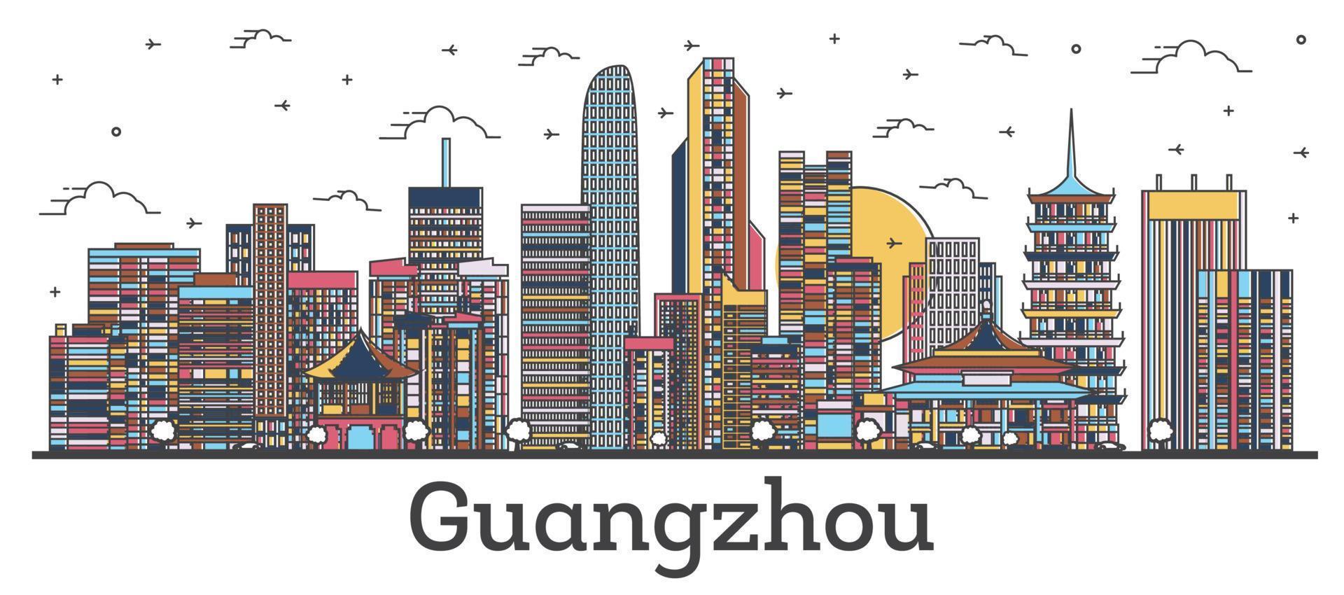 delineie o horizonte da cidade de guangzhou china com edifícios coloridos isolados em branco. vetor