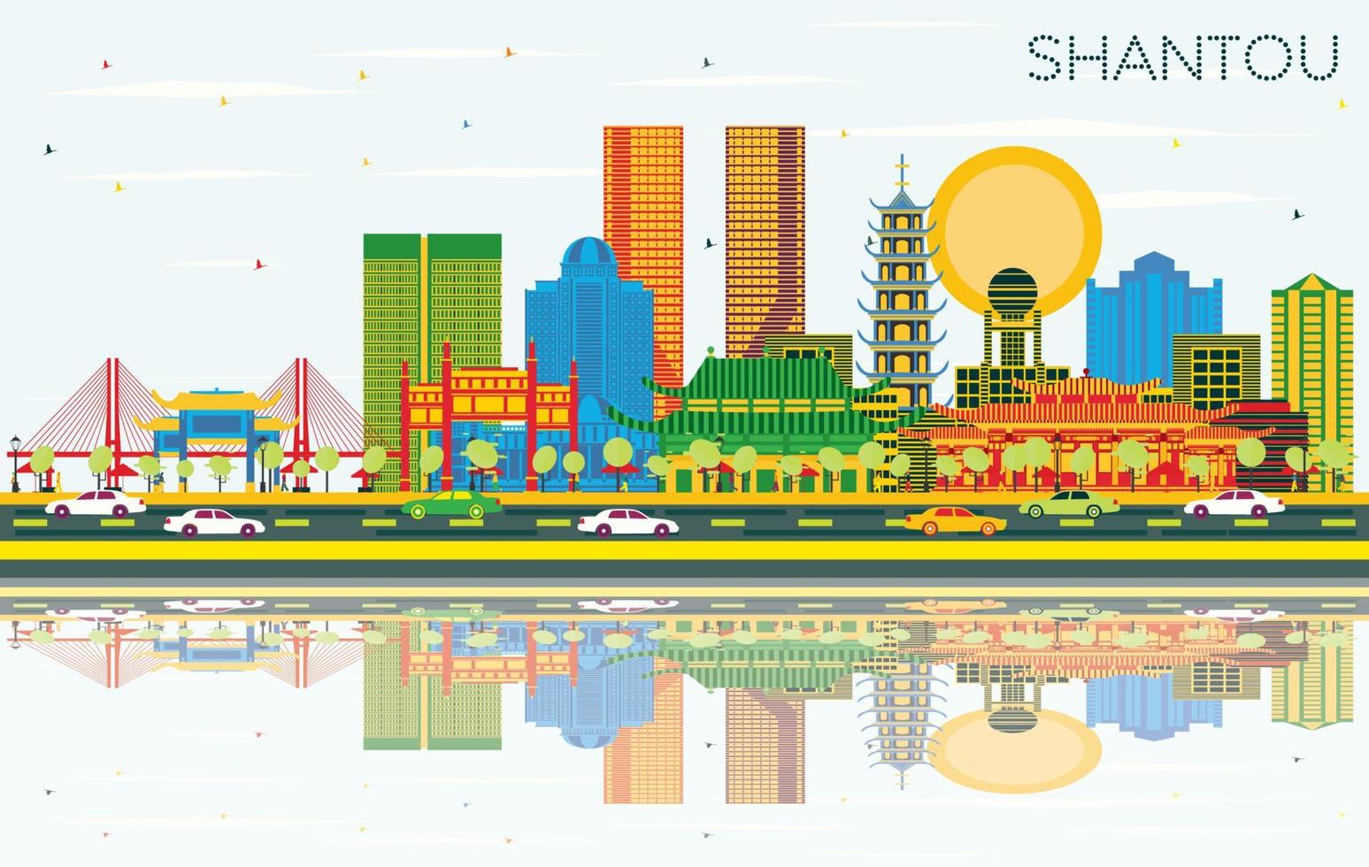 shantou china skyline com edifícios de cor, céu azul e reflexões. vetor