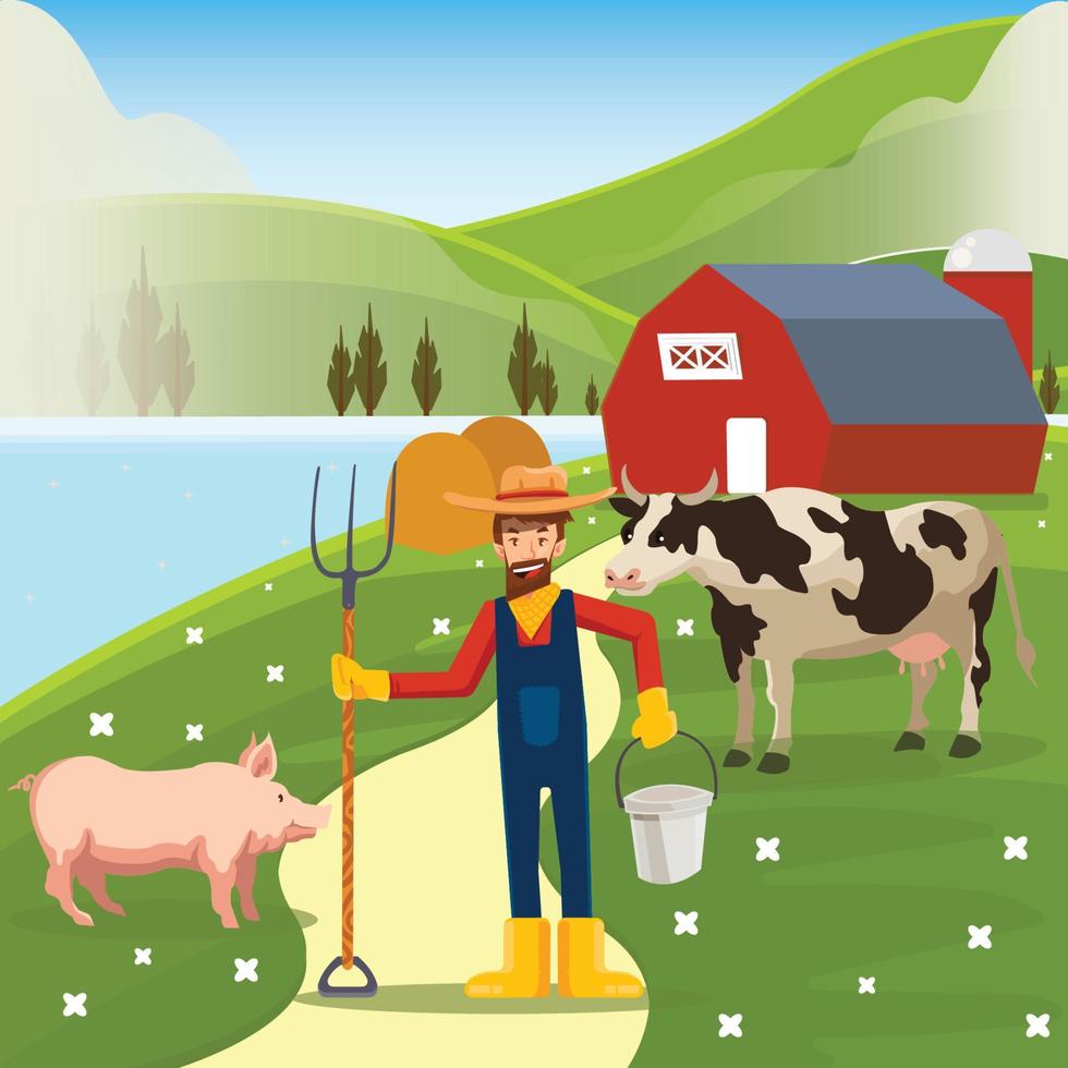 animais de fazenda com paisagem - fazendeiro, vaca e porco perto de celeiro e rio. ilustração vetorial fofa vetor