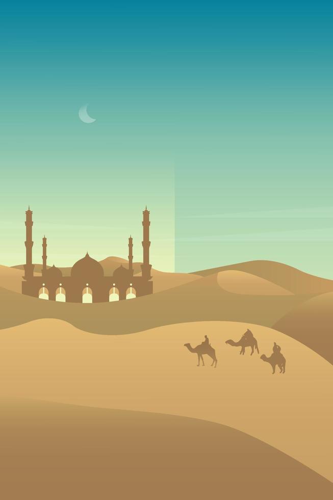 paisagem minimalista do panorama do deserto com dunas de areia e mesquita no conceito de verão de dia ensolarado muito quente. ilustração do vetor do fundo da natureza do cenário