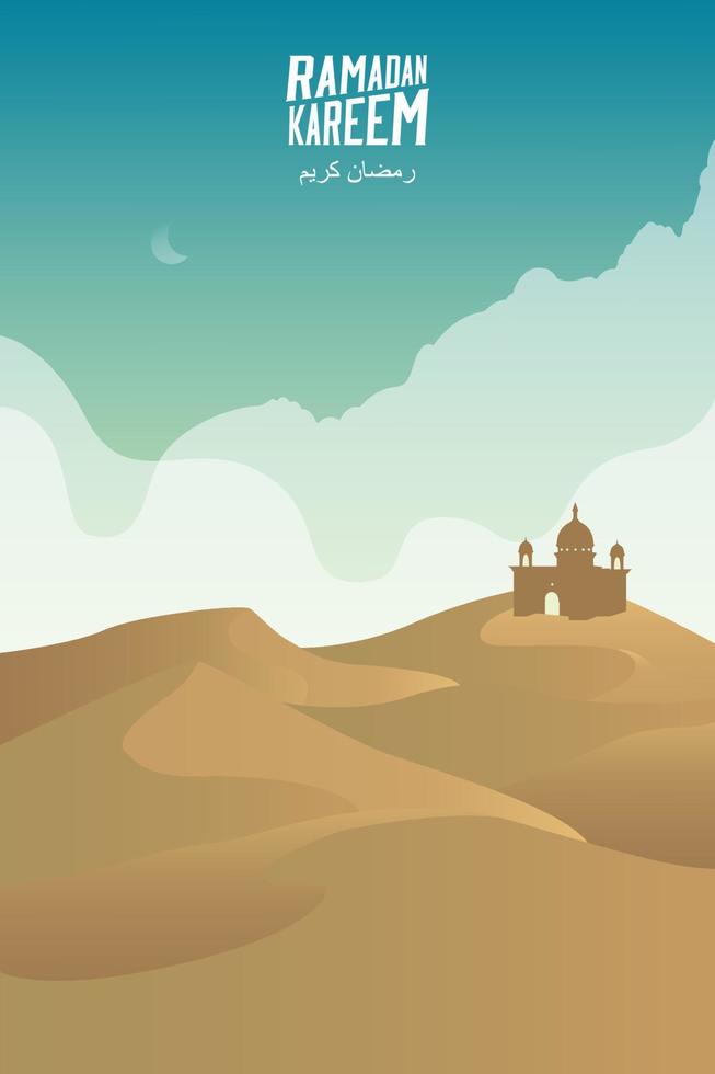 paisagem minimalista do panorama do deserto com dunas de areia e mesquita no conceito de verão de dia ensolarado muito quente. ilustração do vetor do fundo da natureza do cenário