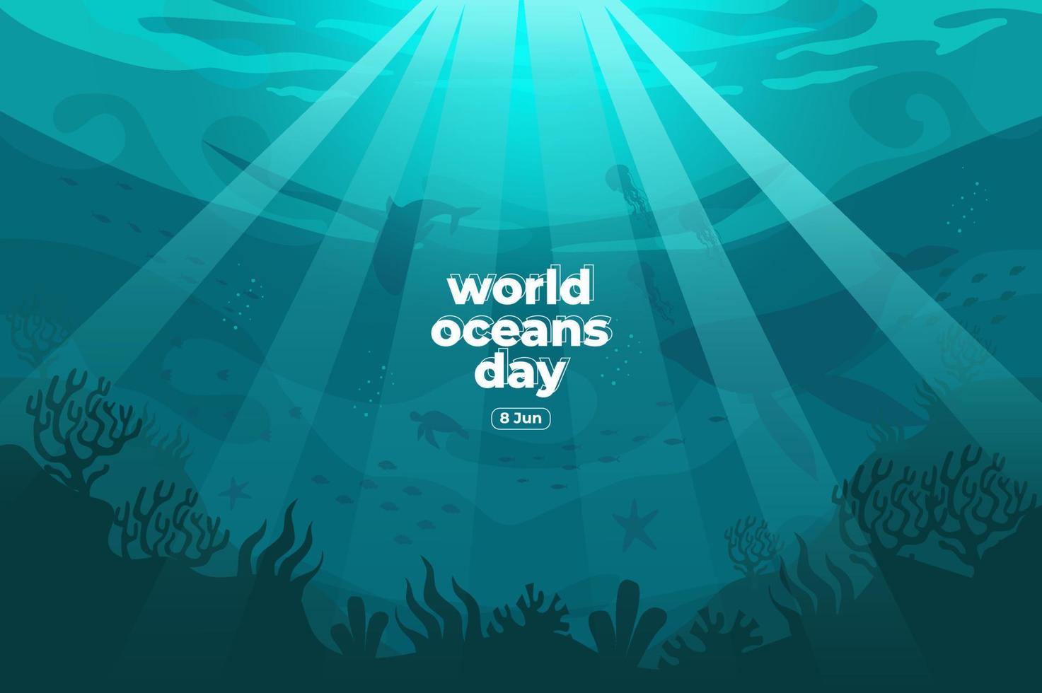 dia mundial dos oceanos 8 de junho. salvar nosso oceano. os peixes estavam nadando debaixo d'água com uma bela ilustração em vetor de fundo de corais e algas marinhas.