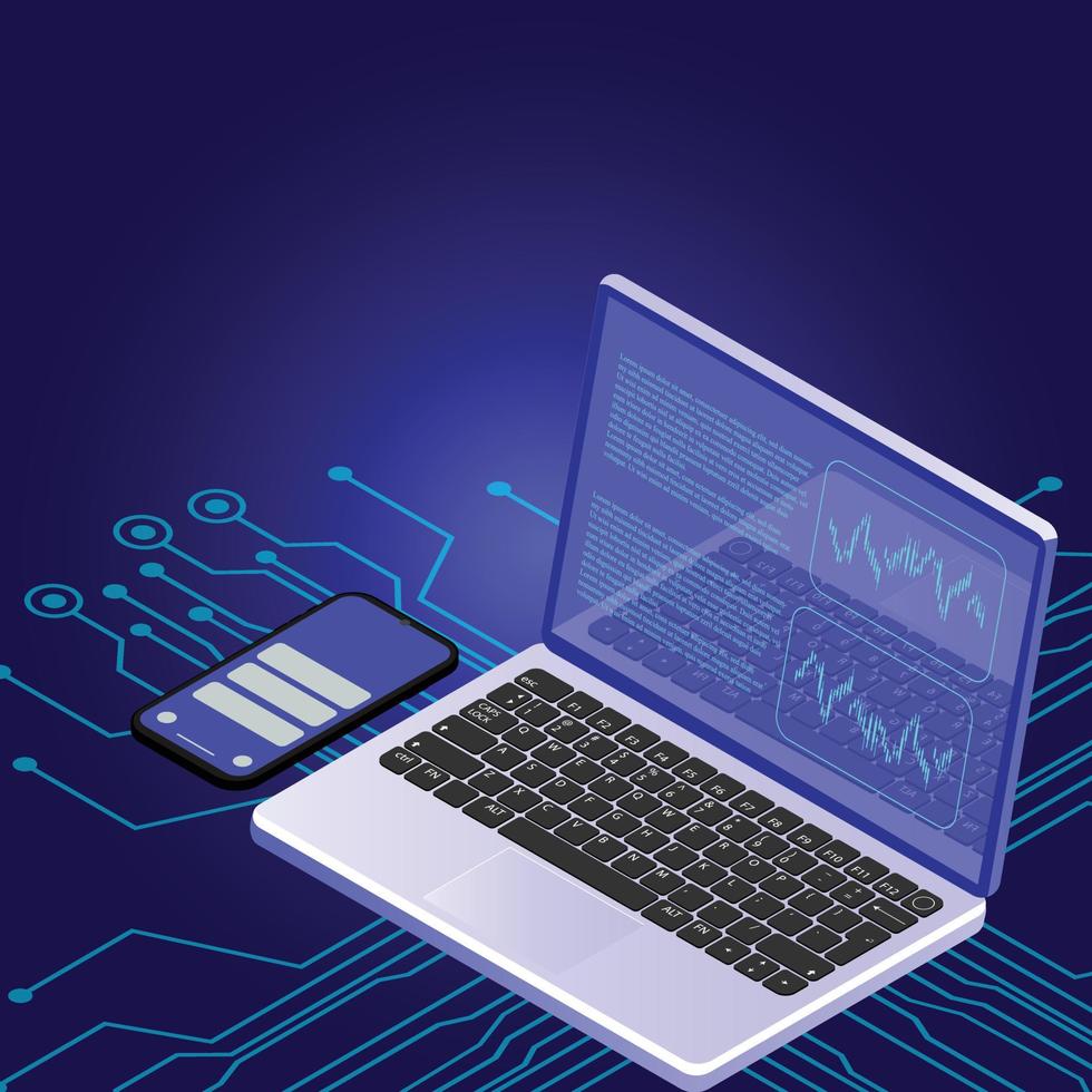 análise de dados, análise, estatísticas, auditoria, pesquisa, relatório, resultados de negócios. serviço web e móvel. relatórios financeiros, gráficos gráficos na tela do laptop. ilustração isométrica 3d de negócios vetor