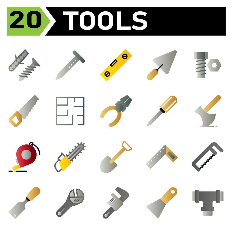 o conjunto de ícones de construção de ferramentas inclui parafuso, rosqueamento automático, parafuso, fixação automática, construção, prego, ferramentas, carpinteiro, construção, passagem de água, nível, pá, espátula, cimento, equipamento, trabalho, negrito, ferramenta, serra vetor