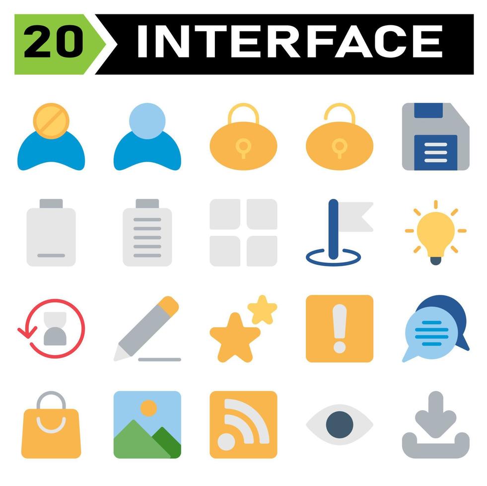 conjunto de ícones da interface do usuário inclui bloco, usuário, avatar, interface do usuário, cadeado, trava, proteção, desbloquear, salvar, dirigir, disquete, vazio, baixo, bateria, completo, menu, app, bandeira, bandeiras, alfinete vetor