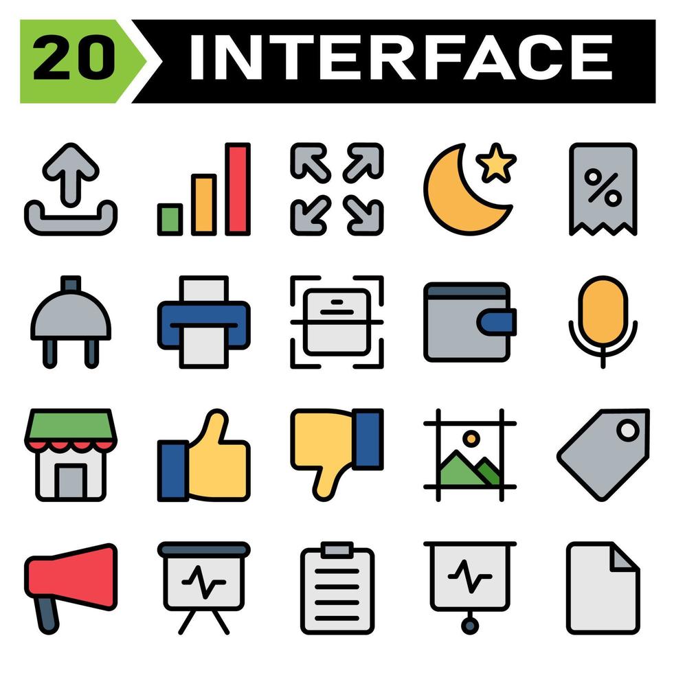 o conjunto de ícones da interface do usuário inclui upload, sinal, elemento, interface do usuário, aplicativo, sinal, barra, tela cheia, interação do usuário, setas, noite, modo, lua, estrela, aplicativo, desconto, voucher, comércio eletrônico vetor