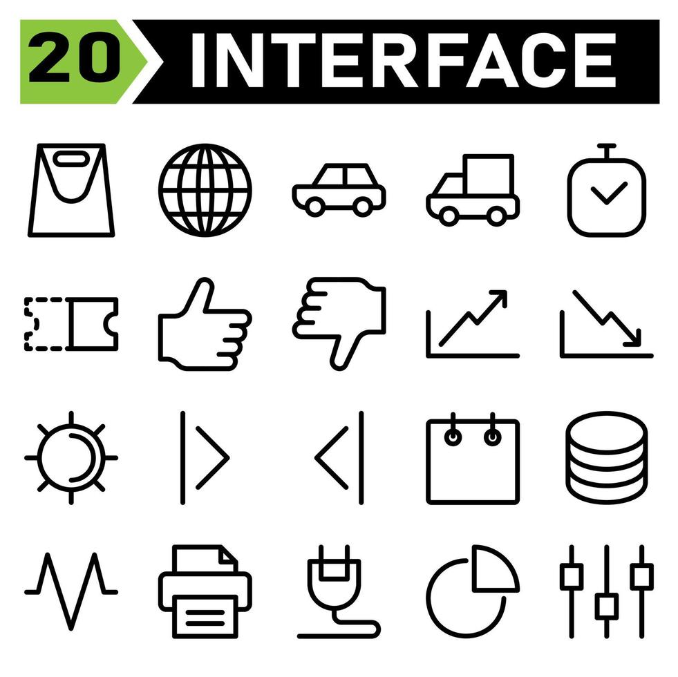conjunto de ícones de interface web inclui bolsa, aplicativo web, maleta, caso, portfólio, mundo, globo, global, terra, carro, transporte, veículo, automotivo, caminhão, entrega, tempo, encontro, relógio, sino vetor