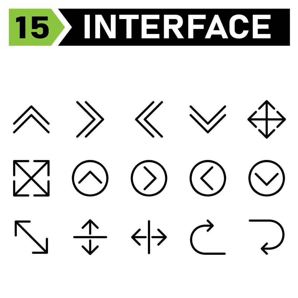 conjunto de ícones de interface web incluem direção, setas, ângulo, duplo, cima, direita, esquerda, baixo, mover, tela cheia, seta, círculo, canto, dividir, vertical, horizontal, costas vetor