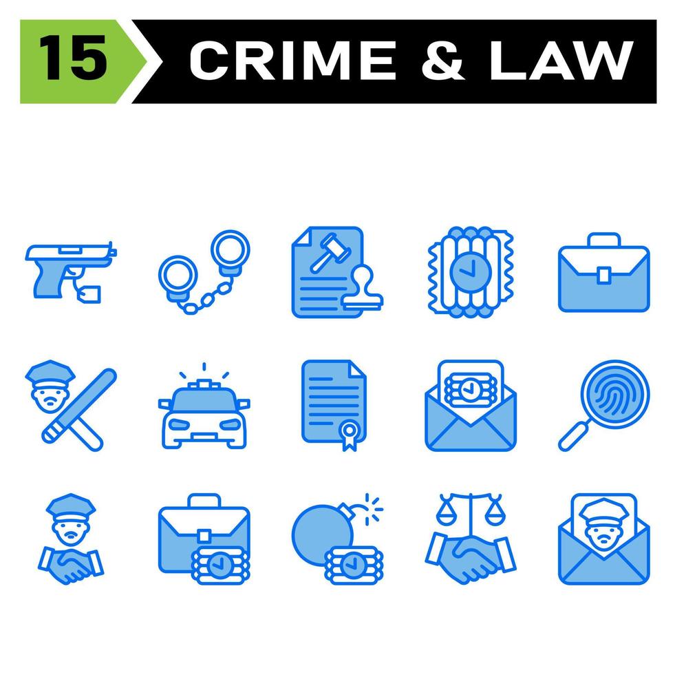 conjunto de ícones de crime e lei incluem pistola, arma, arma de fogo, crime, evidência, algemas, prisão, algemas, prisioneiro, polícia, carimbo, documento, martelo, justiça, arquivo, dinamite, bomba, terror, tempo, maleta, escritório vetor