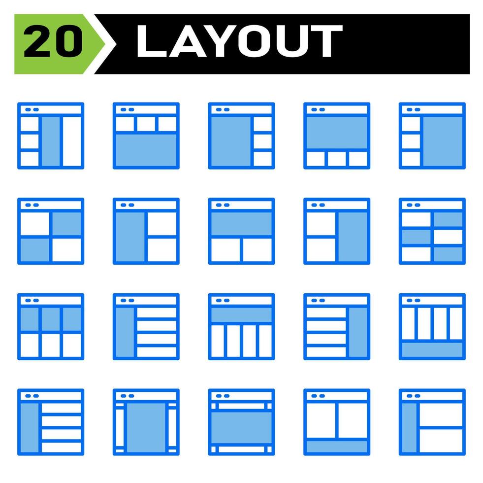 conjunto de ícones de layout inclui layout, grade, painel, interface, interface do usuário, alinhar, modelo, design, base, gráfico, capa, pôster, vetor, banner, criativo, conceito, brochura, abstrato, moderno, ônibus vetor