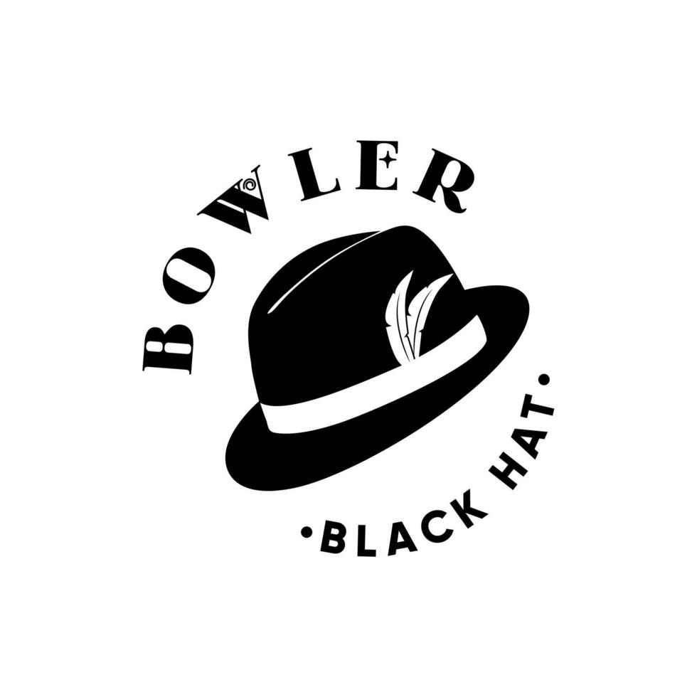 chapéu-coco preto com design de logotipo de pena estilo retrô vintage vetor