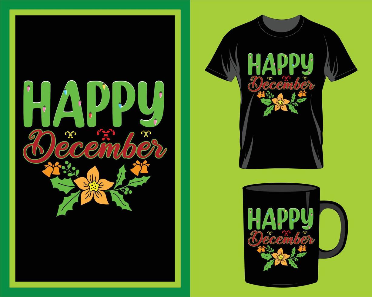 feliz dezembro citação de natal t-shirt e vetor de design de caneca