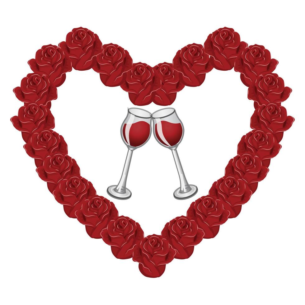 copos de vinho em uma moldura em forma de coração feita de flores rosas. ilustração vetorial isolada no fundo branco. vetor