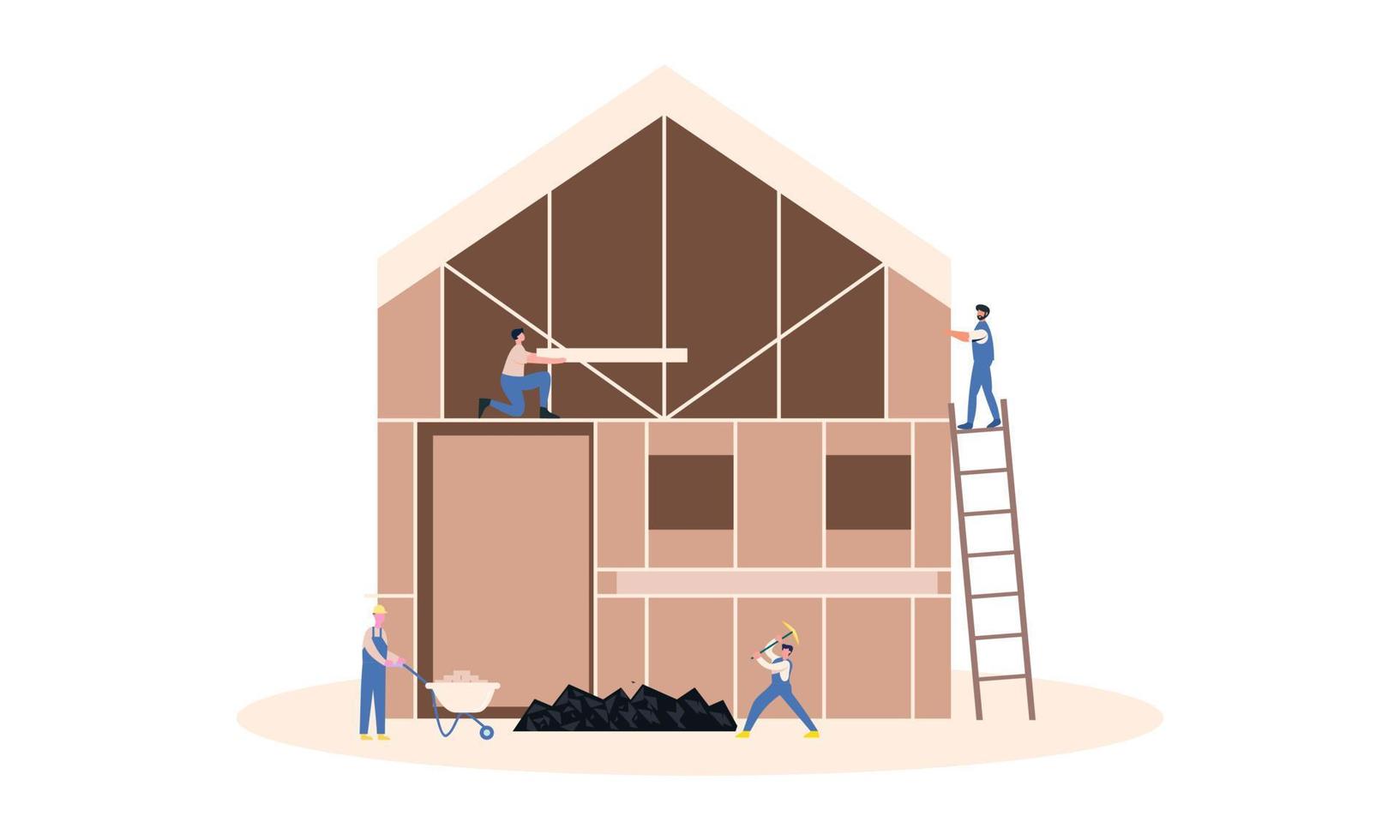 processo de construção de casas. equipe de construtores constrói ilustração de casa de madeira vetor