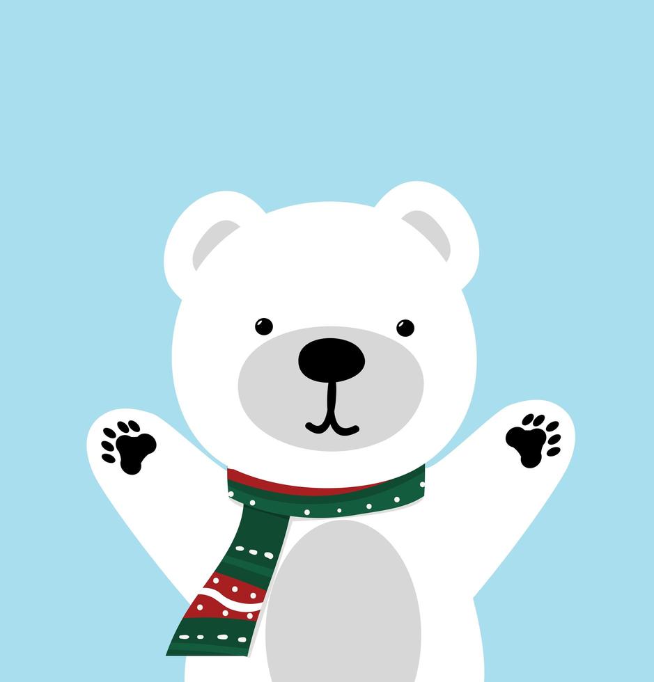 urso polar fofo com lenço e braços levantados vetor