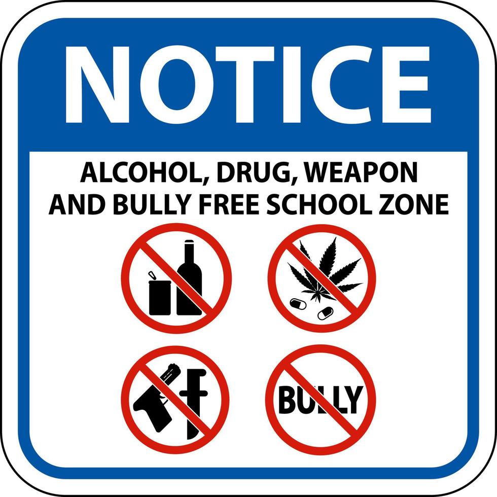 aviso de sinal de segurança escolar, álcool, drogas, arma e zona escolar livre de intimidação vetor