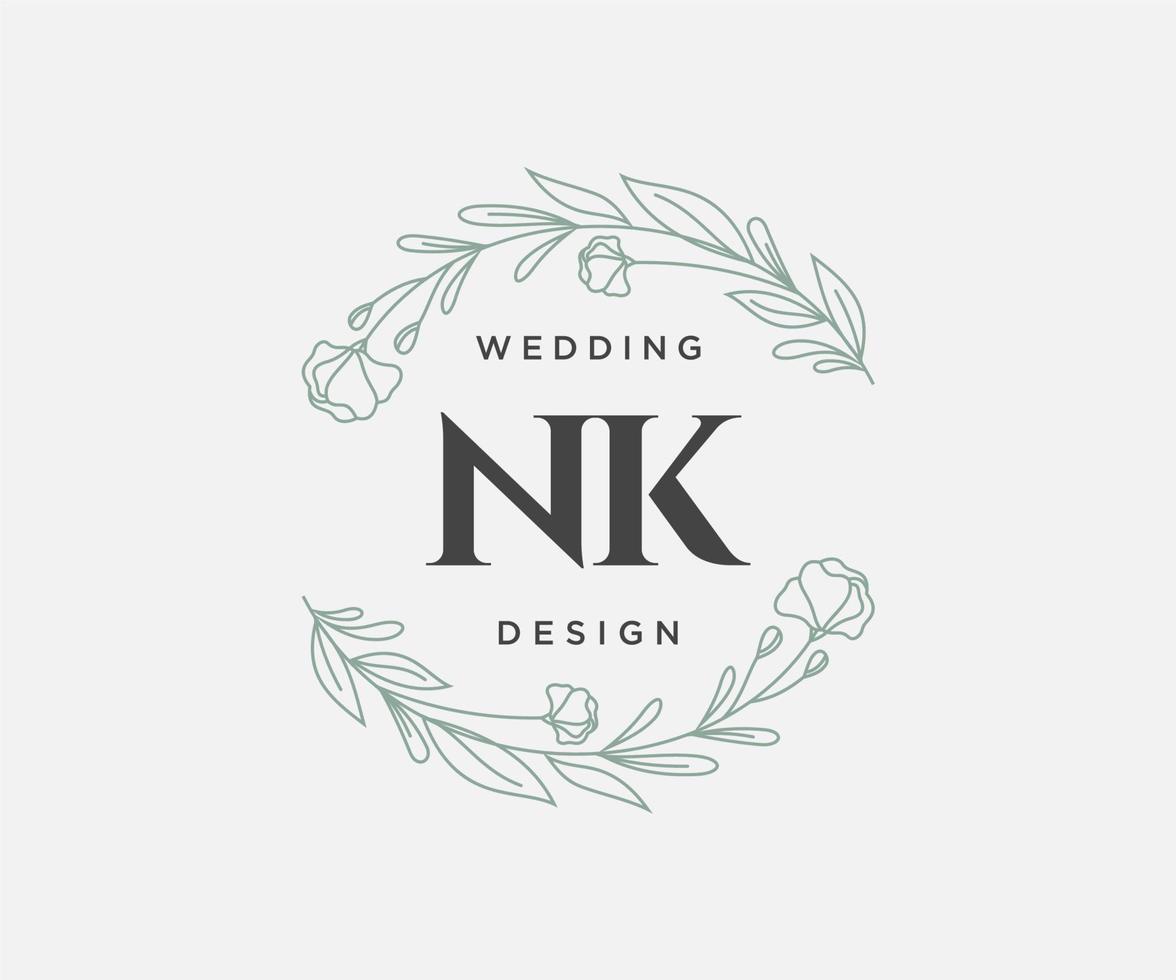 coleção de logotipos de monograma de casamento de letras iniciais nk, modelos modernos minimalistas e florais desenhados à mão para cartões de convite, salve a data, identidade elegante para restaurante, boutique, café em vetor