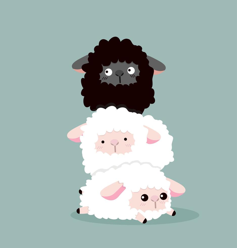 ovelha negra descansando em cima de ovelha branca vetor