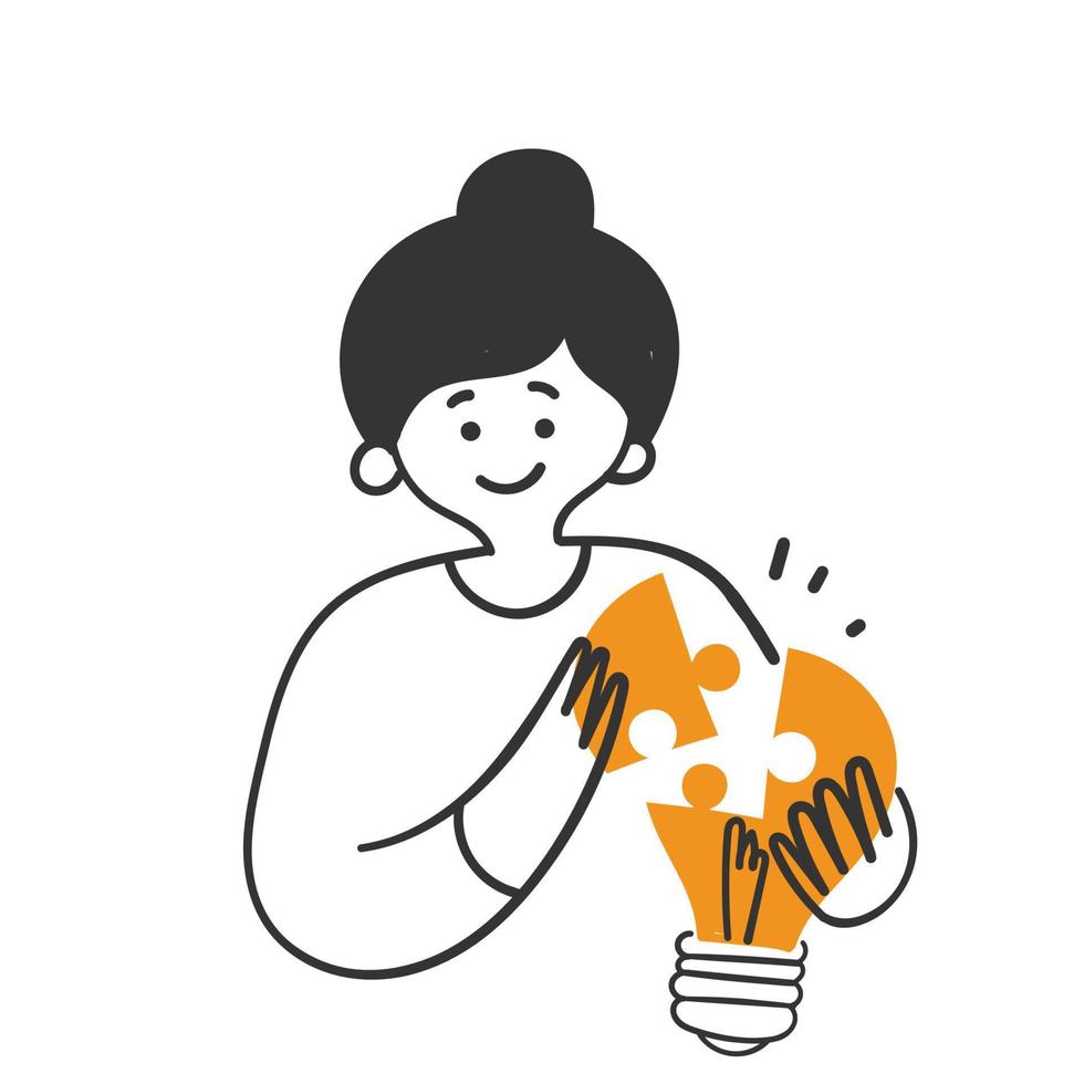 mulher de doodle desenhada de mão montando uma ilustração de quebra-cabeça de lâmpada vetor