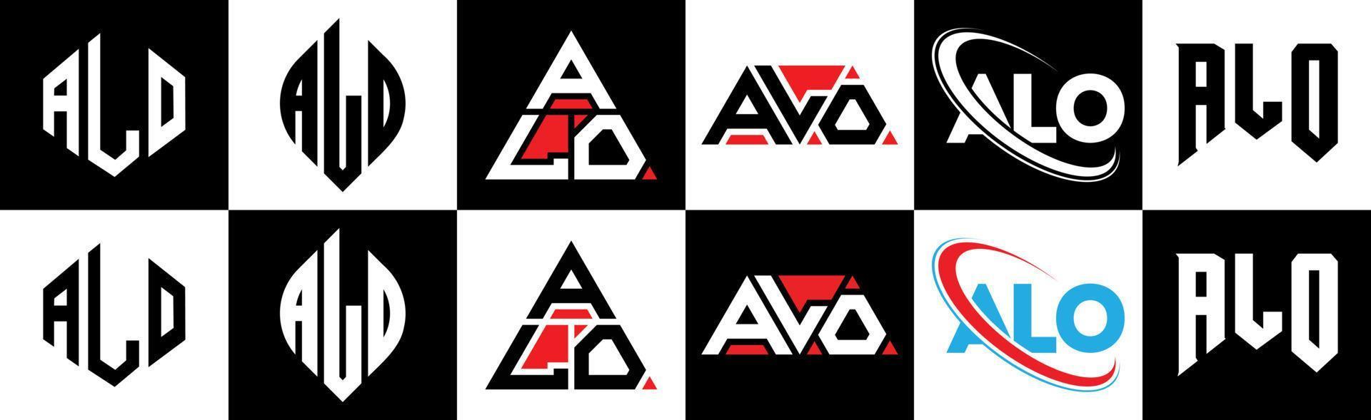 design de logotipo de carta alo em seis estilos. alo polígono, círculo, triângulo, hexágono, estilo plano e simples com logotipo de carta de variação de cor preto e branco definido em uma prancheta. alo logo minimalista e clássico vetor