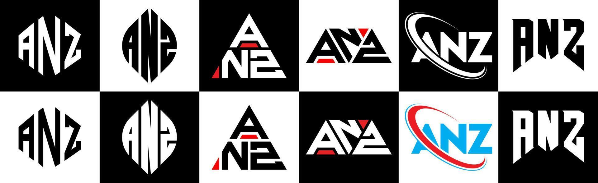 design de logotipo de carta anz em seis estilos. anz polígono, círculo, triângulo, hexágono, estilo plano e simples com logotipo de carta de variação de cor preto e branco definido em uma prancheta. anz logotipo minimalista e clássico vetor