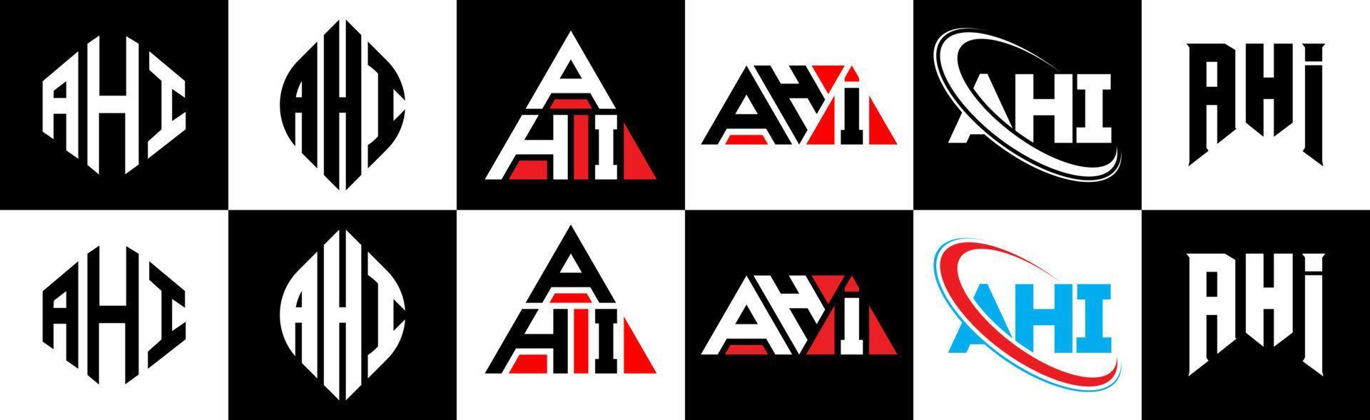 design de logotipo de carta ahi em seis estilos. ahi polígono, círculo, triângulo, hexágono, estilo plano e simples com logotipo de carta de variação de cor preto e branco definido em uma prancheta. ahi logo minimalista e clássico vetor