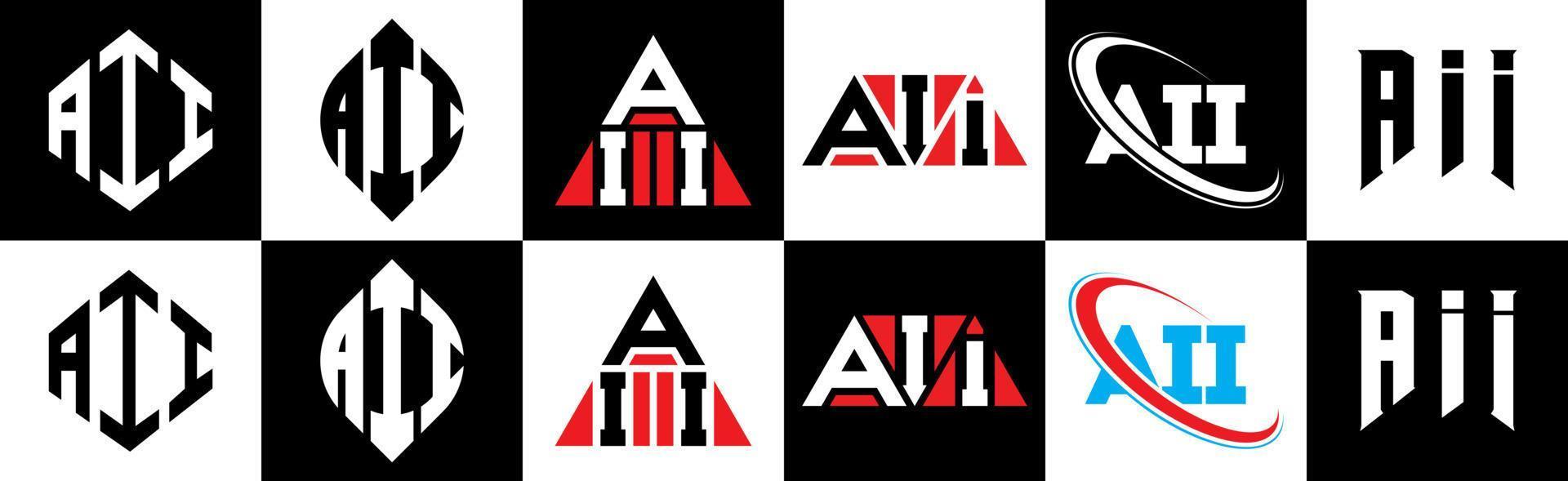 design de logotipo de carta aii em seis estilos. polígono aii, círculo, triângulo, hexágono, estilo plano e simples com logotipo de carta de variação de cor preto e branco definido em uma prancheta. logotipo minimalista e clássico aii vetor