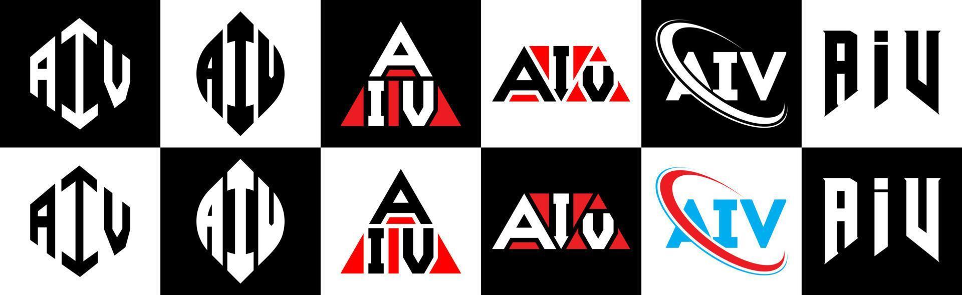 design de logotipo de carta aiv em seis estilos. aiv polígono, círculo, triângulo, hexágono, estilo plano e simples com logotipo de carta de variação de cor preto e branco definido em uma prancheta. logotipo minimalista e clássico aiv vetor