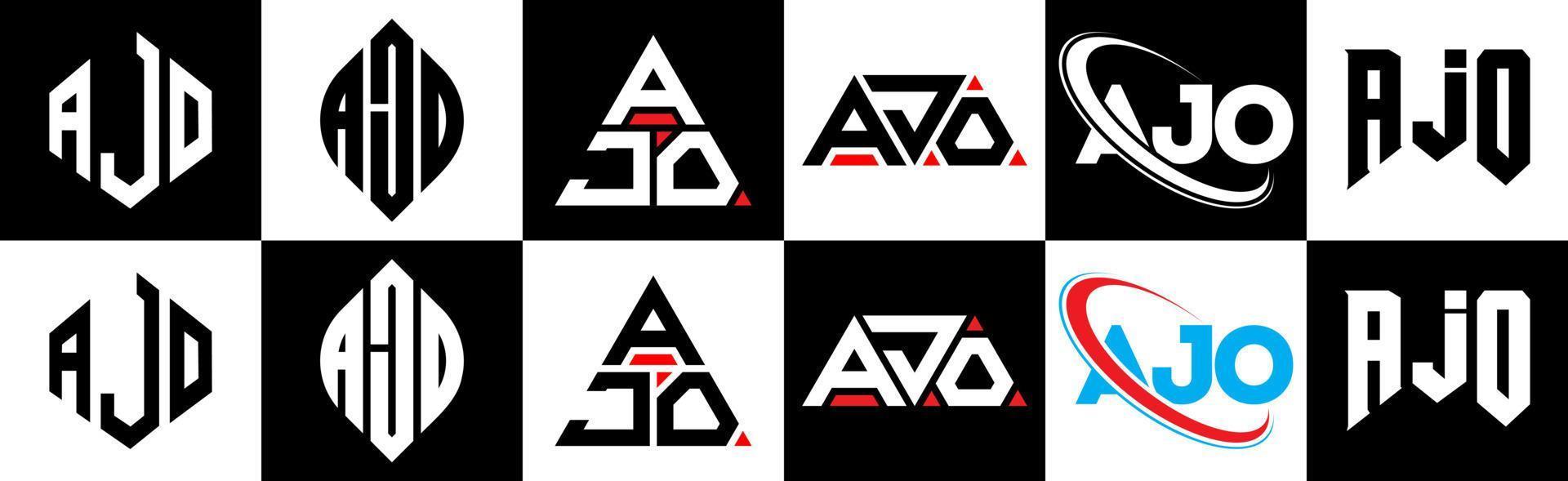 design de logotipo de carta ajo em seis estilos. ajo polígono, círculo, triângulo, hexágono, estilo plano e simples com logotipo de carta de variação de cor preto e branco definido em uma prancheta. ajo logo minimalista e clássico vetor