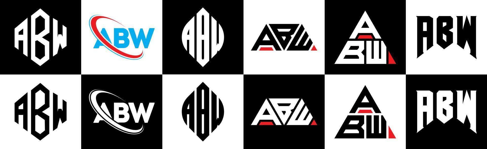 design de logotipo de carta abw em seis estilos. abw polígono, círculo, triângulo, hexágono, estilo plano e simples com logotipo de carta de variação de cor preto e branco definido em uma prancheta. logotipo minimalista e clássico abw vetor