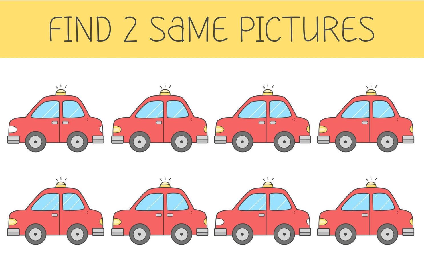 encontrar duas fotos é um jogo educativo para crianças com carro. carro bonito dos desenhos animados. ilustração vetorial. vetor
