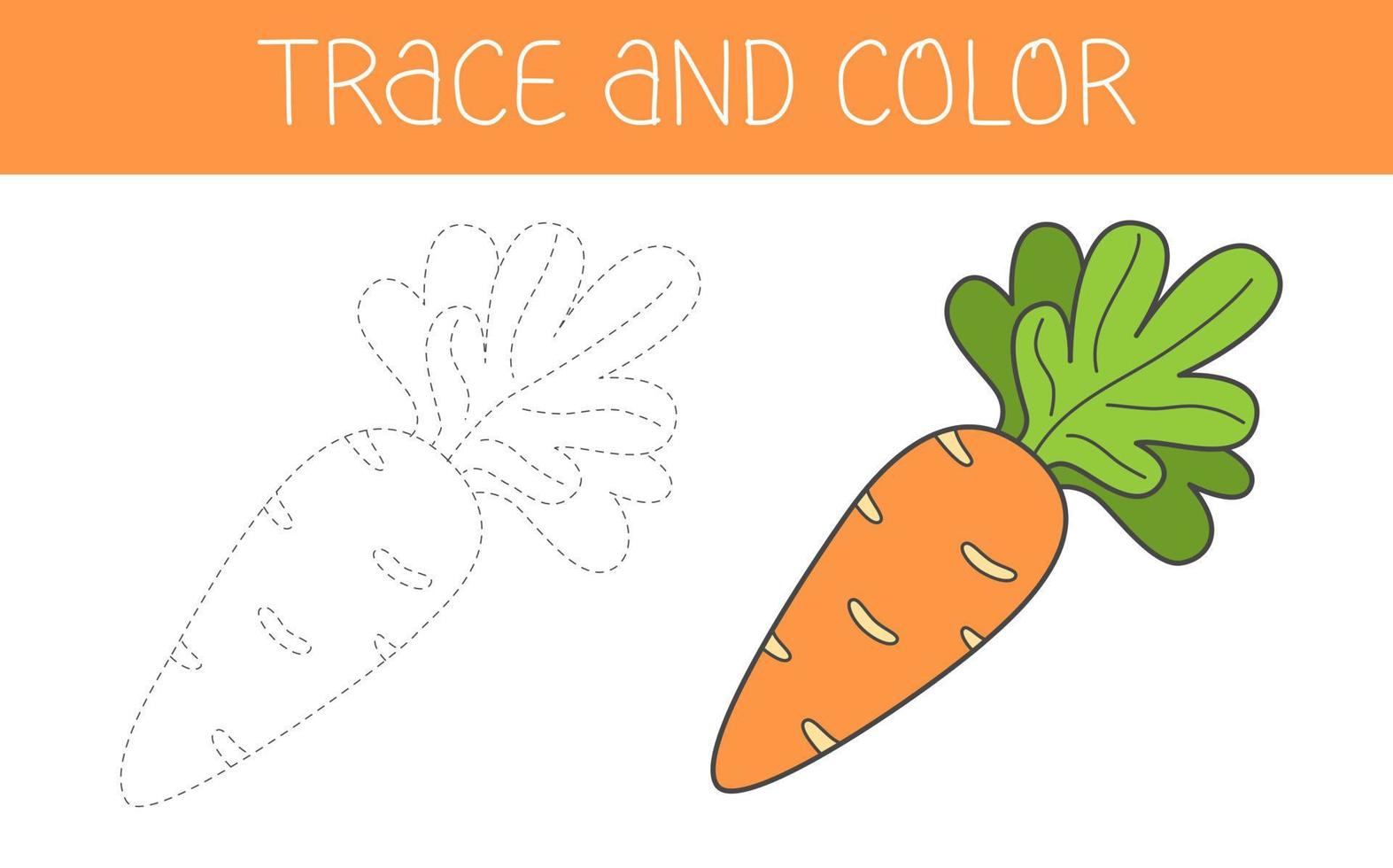 livro de colorir de rastreamento e cor com cenoura para crianças. página para colorir com uma cenoura vegetal de desenho animado. ilustração vetorial. vetor