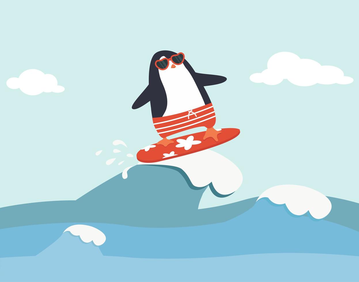 pinguim fofo surfando em ondas grandes vetor