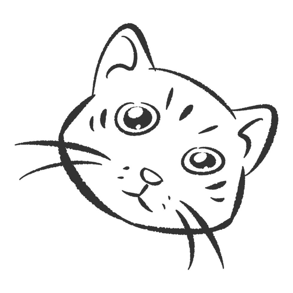 ilustração desenhada à mão do rosto de gato com olhos tristes. arte de linha, contorno preto. personagem de desenho animado de gatinho fofo. esboço de rabisco. adequado para impressão, pôster, cartão de felicitações. vetor