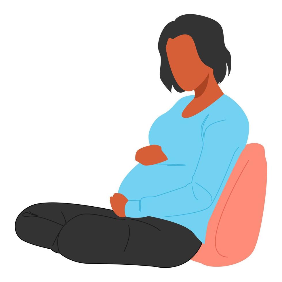 mulher afro-americana grávida. mulher segurando a barriga encostada no travesseiro. conceito de saúde, bebê, gravidez, tema de mulher. ilustração vetorial. estilo plano. vetor