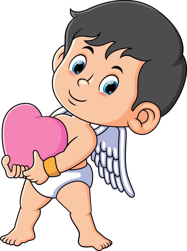 o lindo menino cupido está andando e segurando a boneca do amor vetor