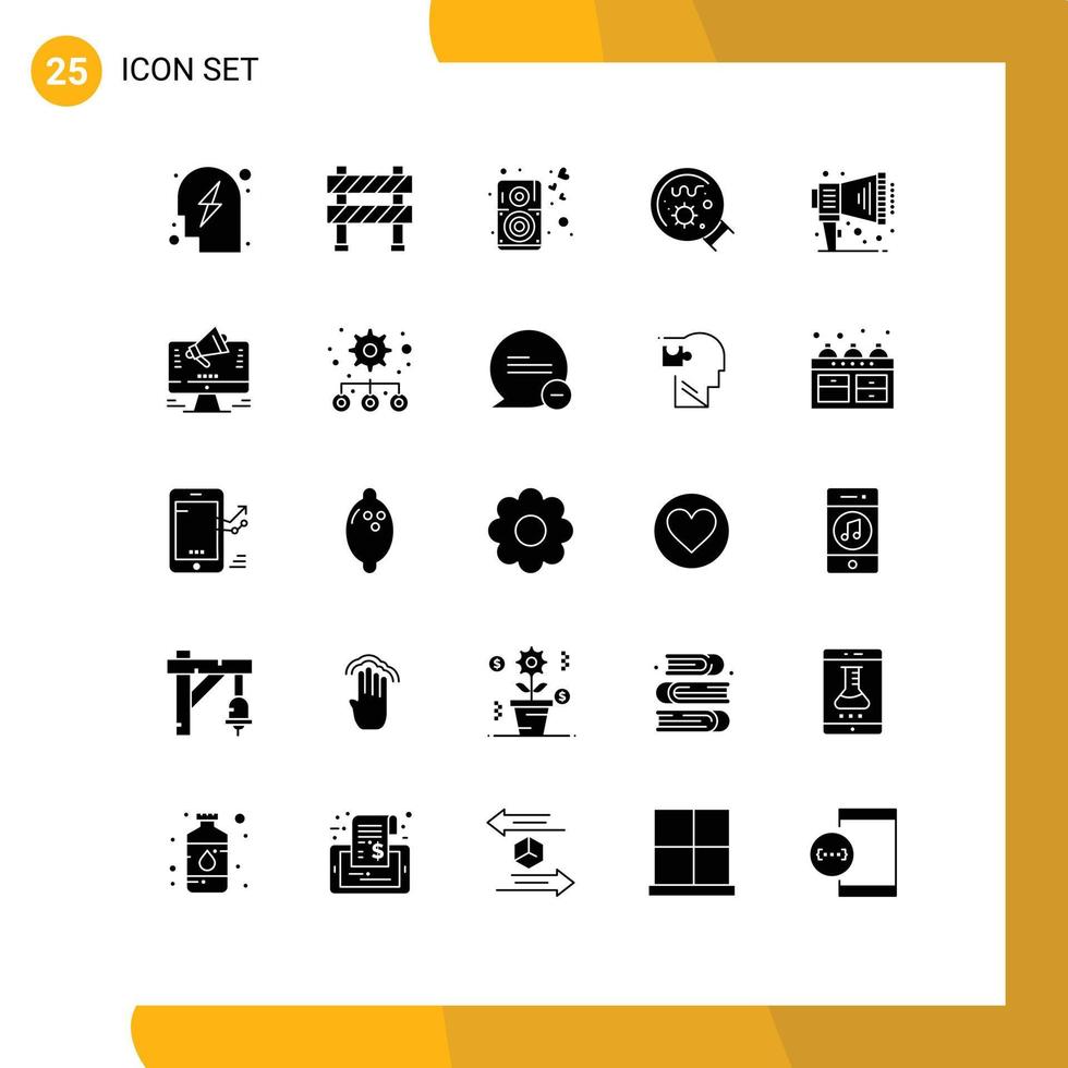 25 conceito de glifo sólido para sites móveis e aplicativos anunciam lupa em construção alto-falante de laboratório editável elementos de design vetorial vetor